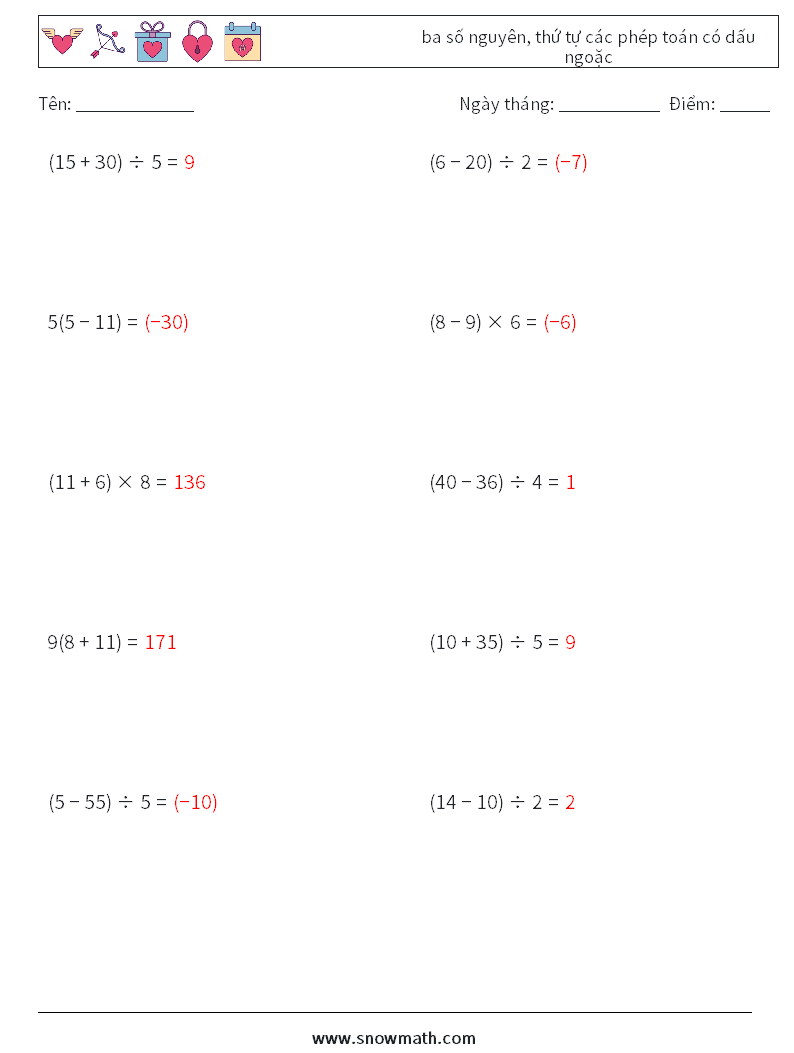 (10) ba số nguyên, thứ tự các phép toán có dấu ngoặc Bảng tính toán học 18 Câu hỏi, câu trả lời