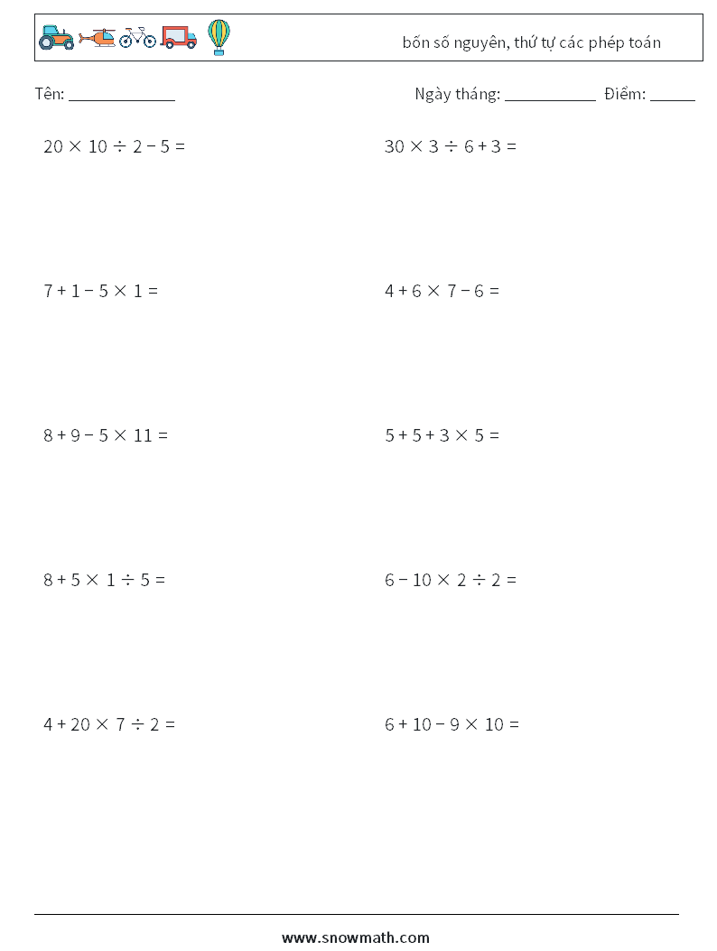 (10) bốn số nguyên, thứ tự các phép toán Bảng tính toán học 10