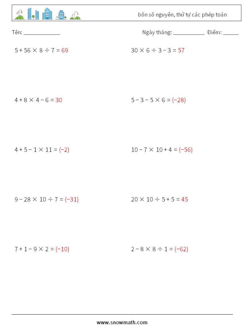 (10) bốn số nguyên, thứ tự các phép toán Bảng tính toán học 11 Câu hỏi, câu trả lời