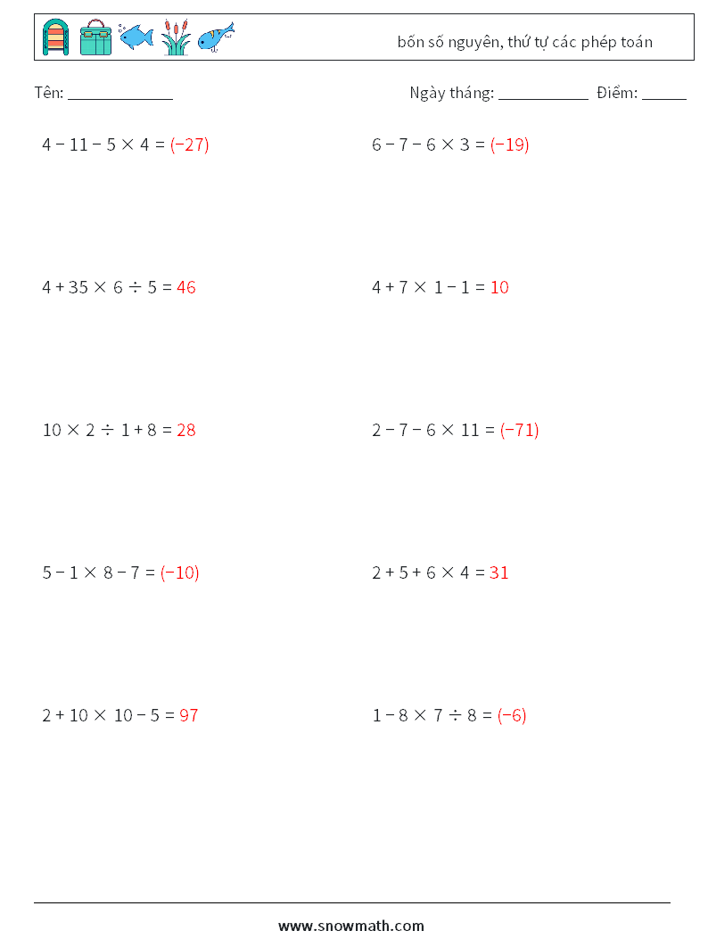 (10) bốn số nguyên, thứ tự các phép toán Bảng tính toán học 12 Câu hỏi, câu trả lời