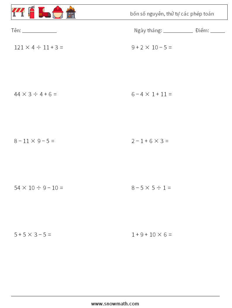 (10) bốn số nguyên, thứ tự các phép toán Bảng tính toán học 13