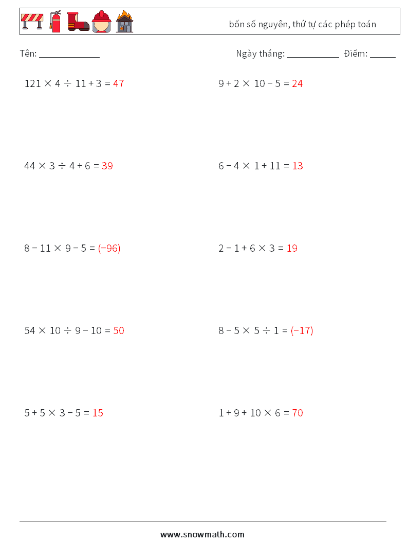 (10) bốn số nguyên, thứ tự các phép toán Bảng tính toán học 13 Câu hỏi, câu trả lời