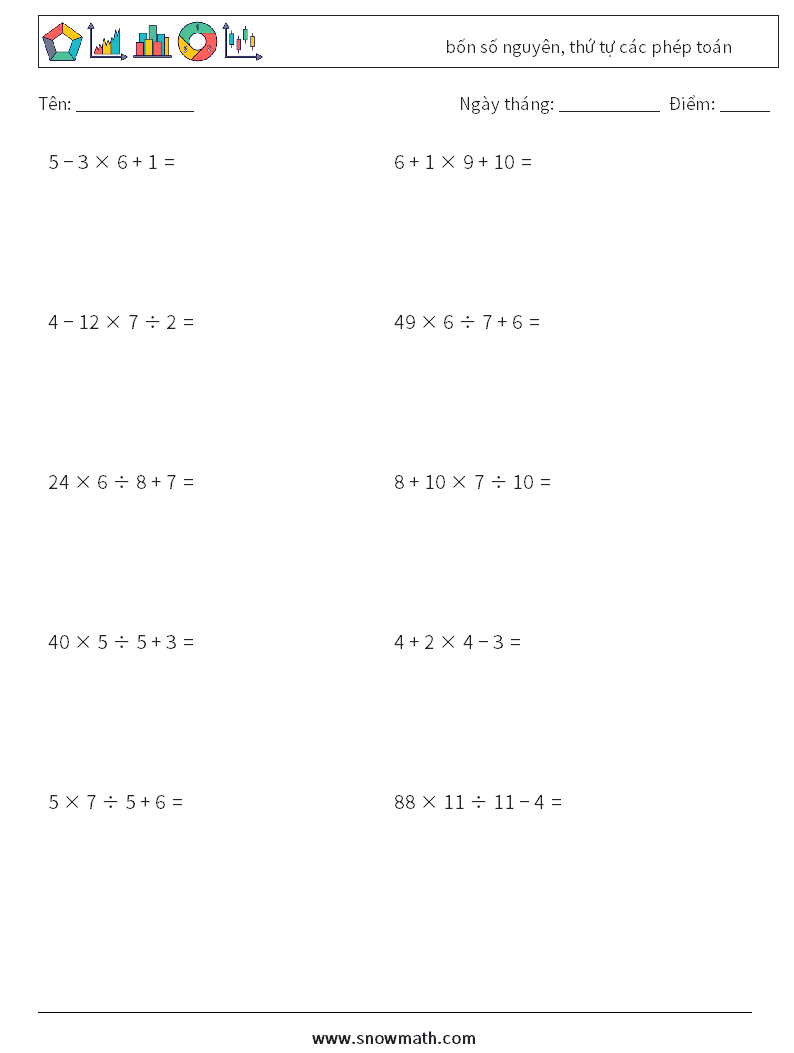 (10) bốn số nguyên, thứ tự các phép toán Bảng tính toán học 14