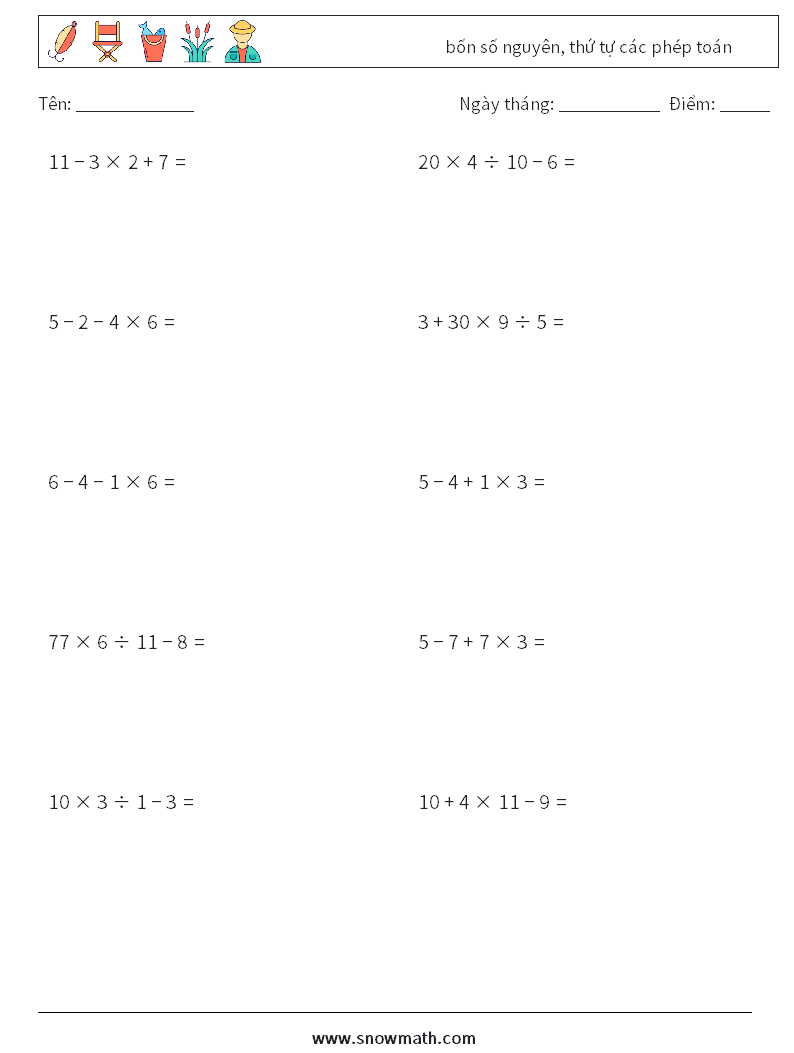 (10) bốn số nguyên, thứ tự các phép toán Bảng tính toán học 18