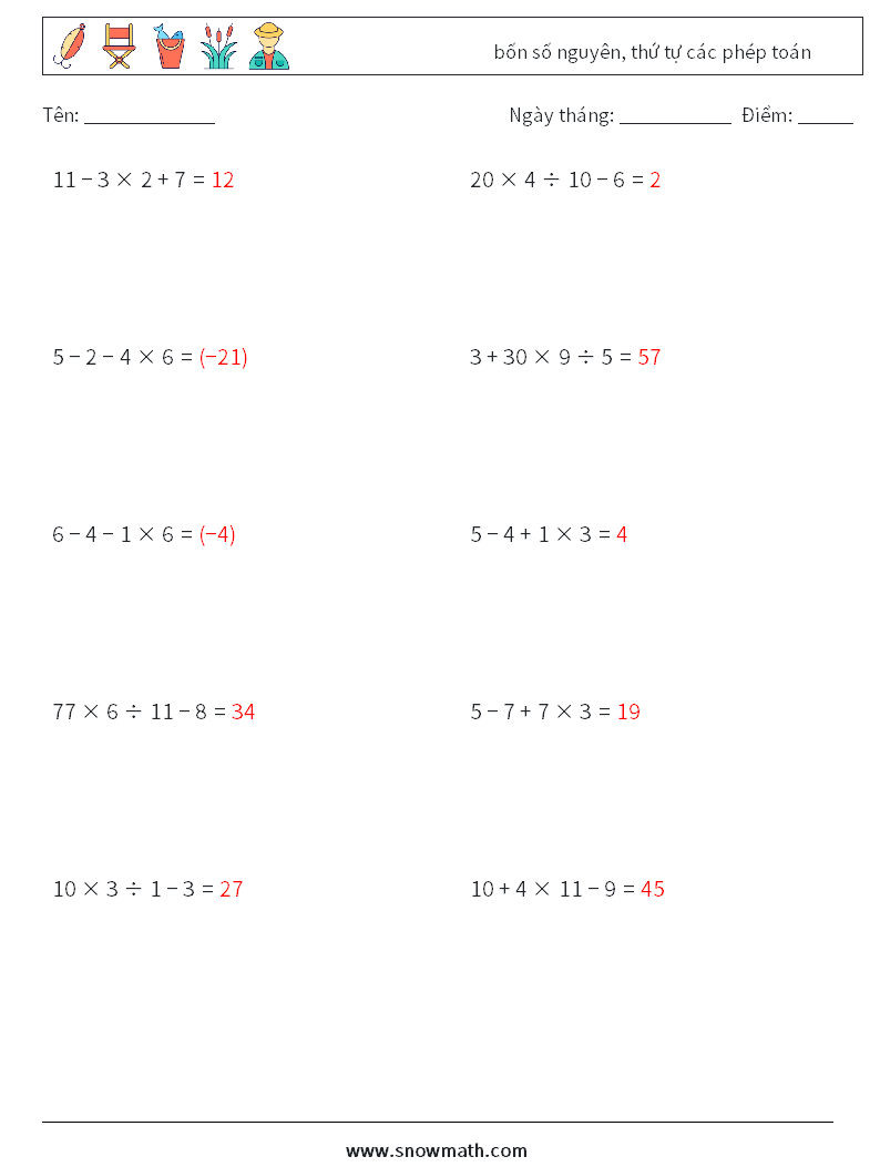 (10) bốn số nguyên, thứ tự các phép toán Bảng tính toán học 18 Câu hỏi, câu trả lời