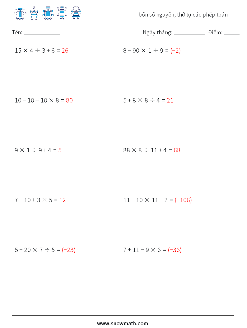 (10) bốn số nguyên, thứ tự các phép toán Bảng tính toán học 1 Câu hỏi, câu trả lời