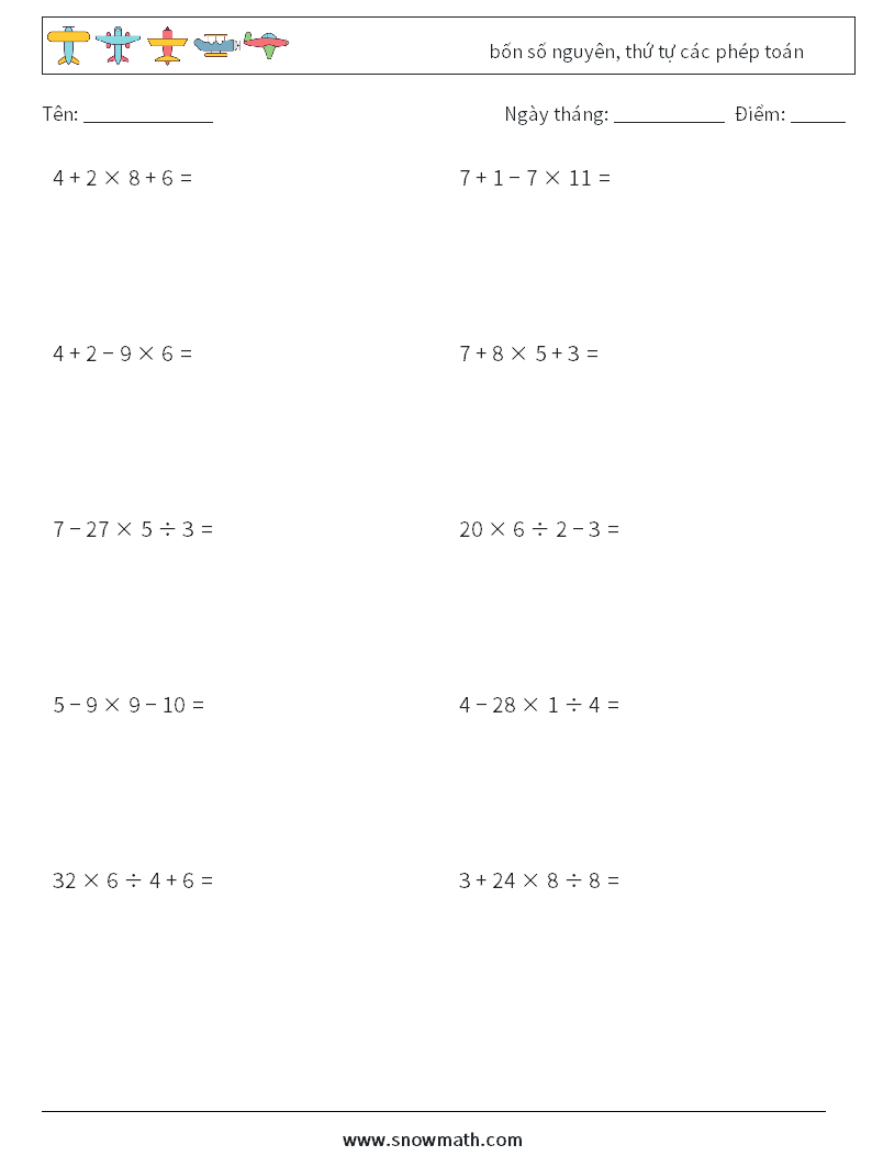 (10) bốn số nguyên, thứ tự các phép toán Bảng tính toán học 2