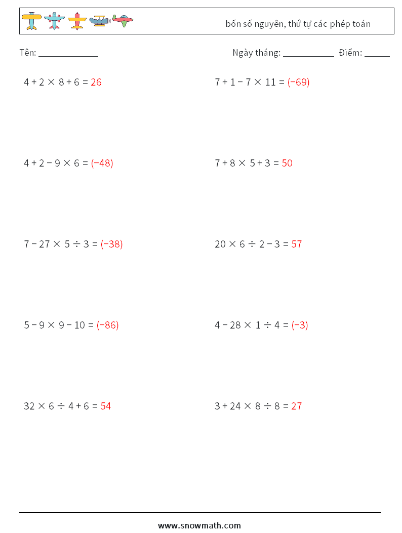 (10) bốn số nguyên, thứ tự các phép toán Bảng tính toán học 2 Câu hỏi, câu trả lời