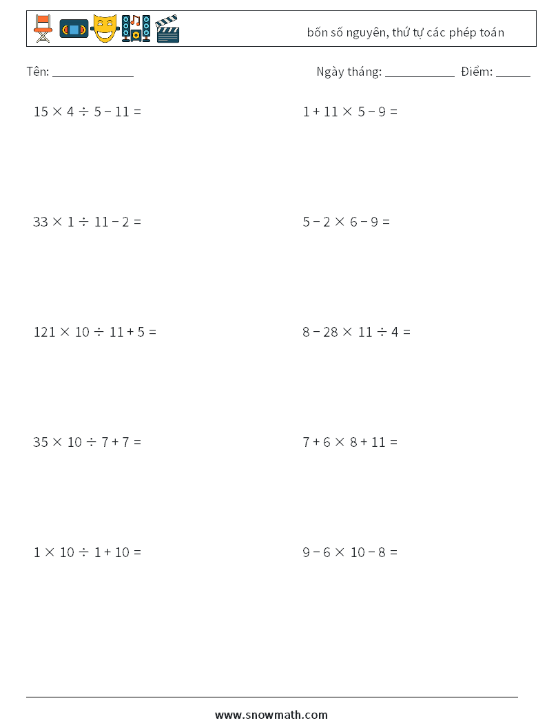 (10) bốn số nguyên, thứ tự các phép toán Bảng tính toán học 3