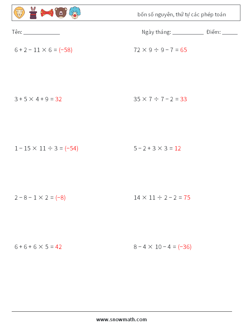 (10) bốn số nguyên, thứ tự các phép toán Bảng tính toán học 4 Câu hỏi, câu trả lời