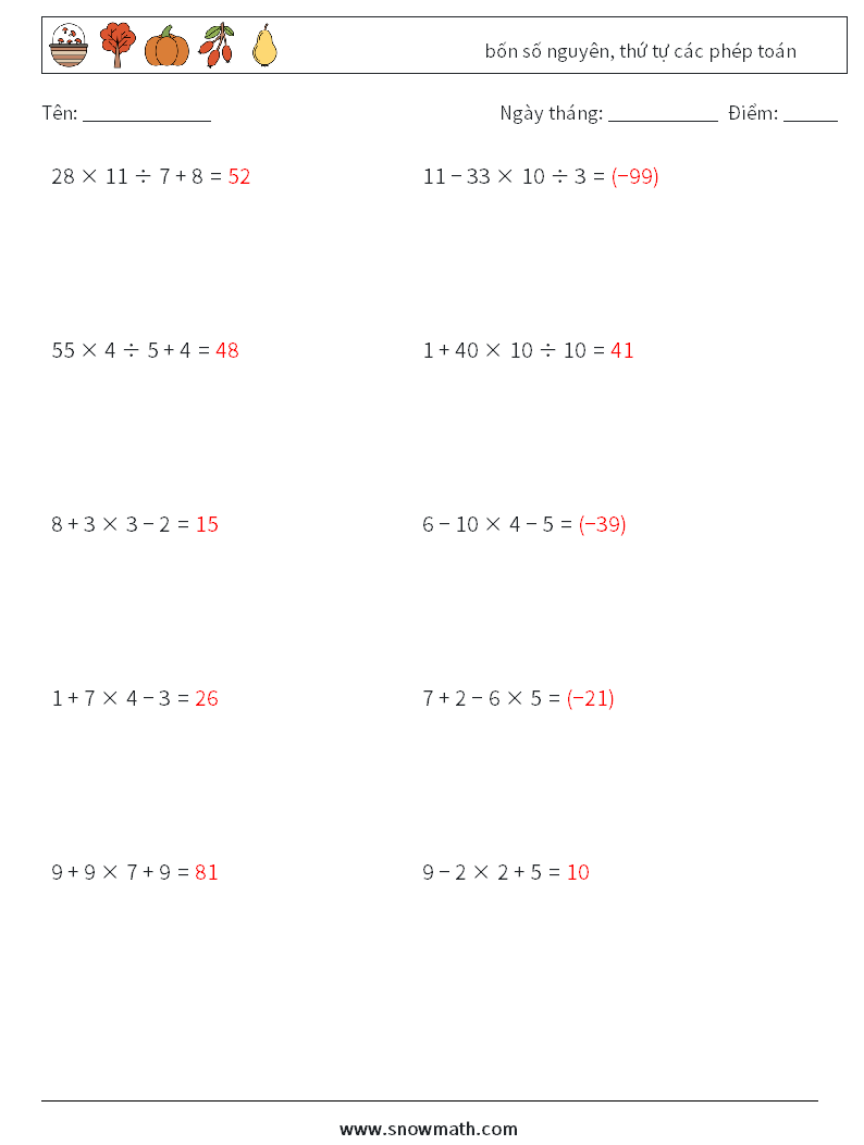 (10) bốn số nguyên, thứ tự các phép toán Bảng tính toán học 5 Câu hỏi, câu trả lời