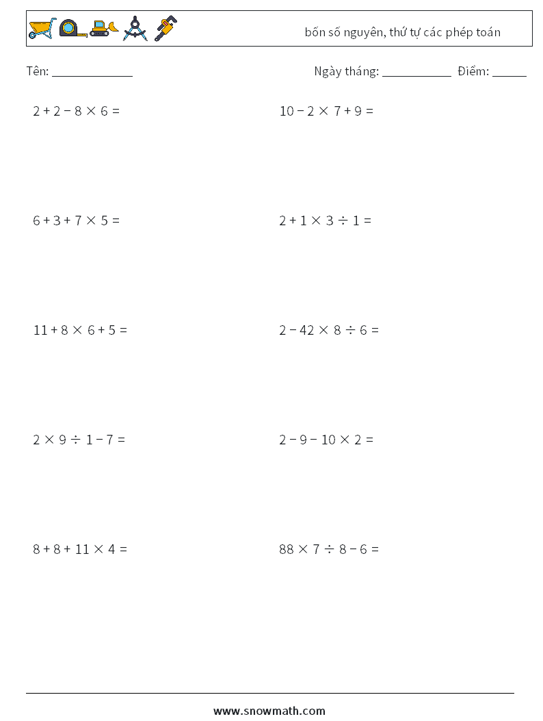 (10) bốn số nguyên, thứ tự các phép toán Bảng tính toán học 6