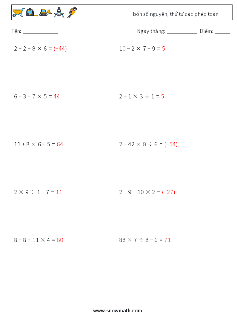 (10) bốn số nguyên, thứ tự các phép toán Bảng tính toán học 6 Câu hỏi, câu trả lời