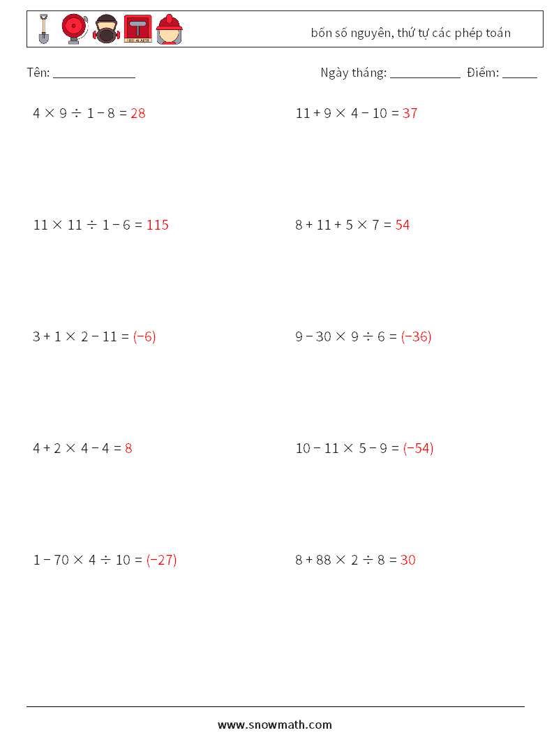 (10) bốn số nguyên, thứ tự các phép toán Bảng tính toán học 7 Câu hỏi, câu trả lời