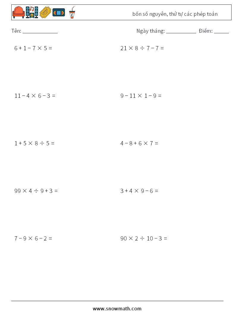 (10) bốn số nguyên, thứ tự các phép toán Bảng tính toán học 8