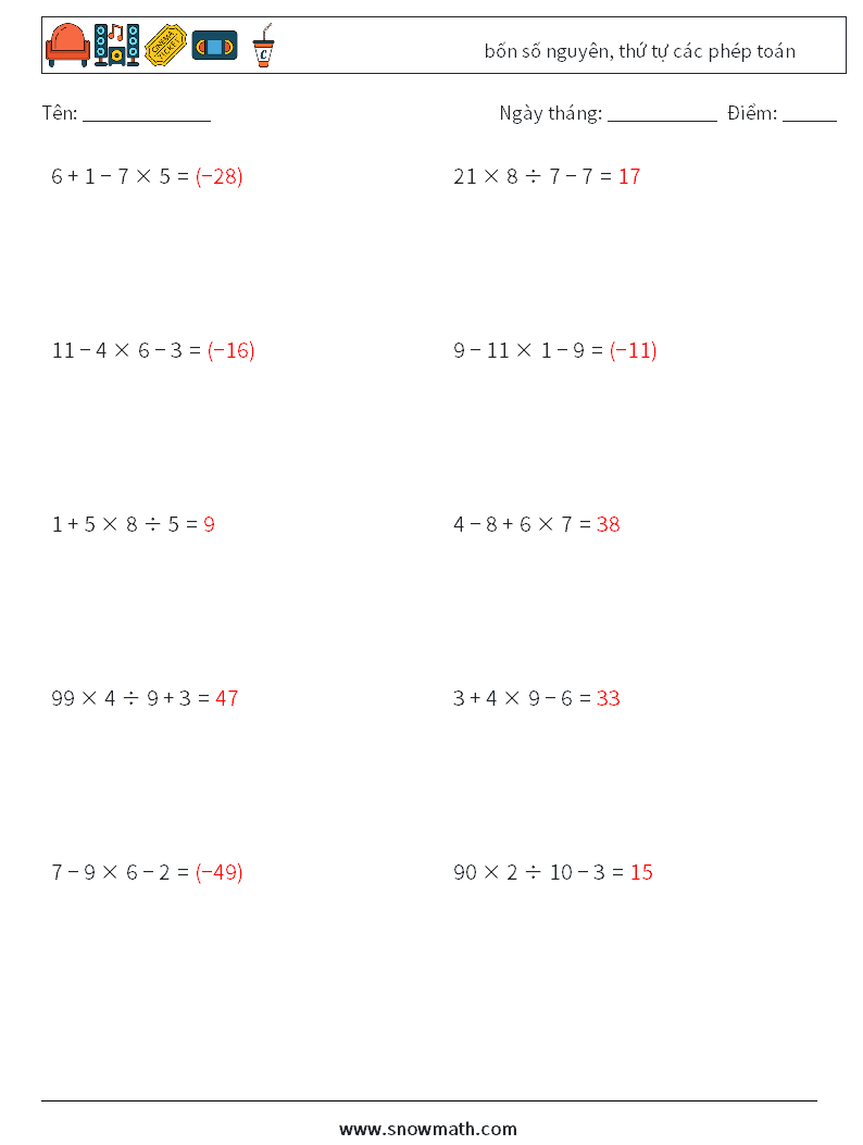 (10) bốn số nguyên, thứ tự các phép toán Bảng tính toán học 8 Câu hỏi, câu trả lời