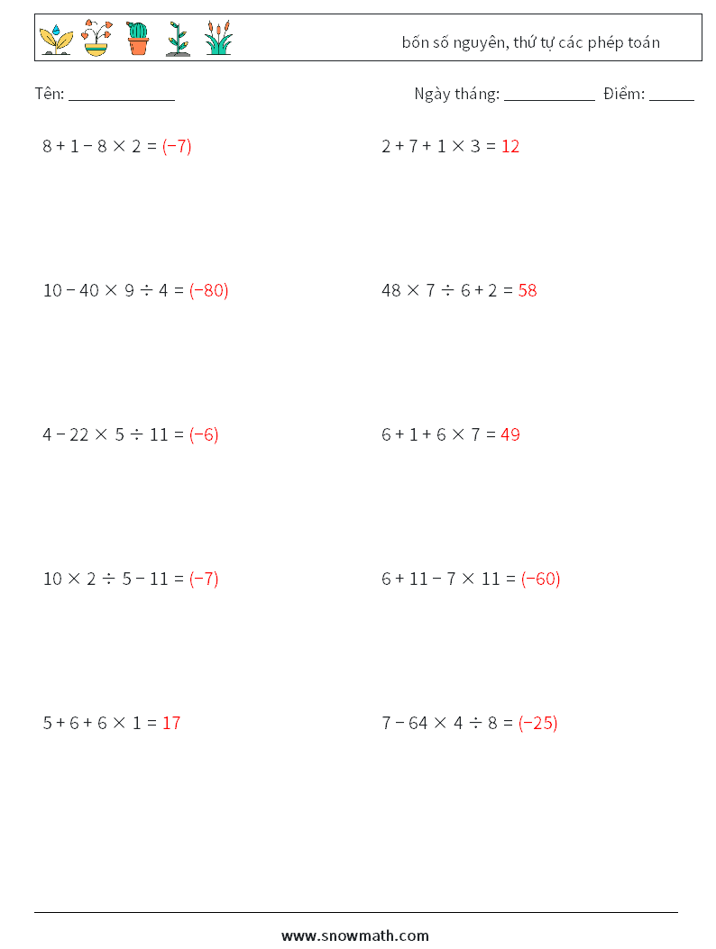 (10) bốn số nguyên, thứ tự các phép toán Bảng tính toán học 9 Câu hỏi, câu trả lời