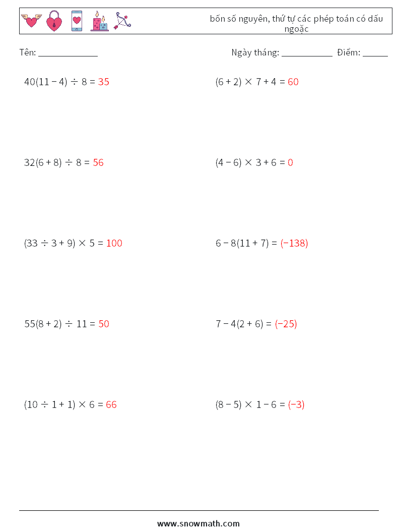 (10) bốn số nguyên, thứ tự các phép toán có dấu ngoặc Bảng tính toán học 17 Câu hỏi, câu trả lời