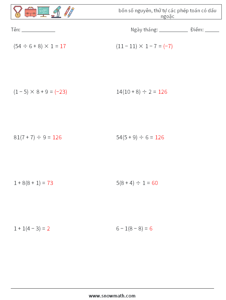 (10) bốn số nguyên, thứ tự các phép toán có dấu ngoặc Bảng tính toán học 18 Câu hỏi, câu trả lời