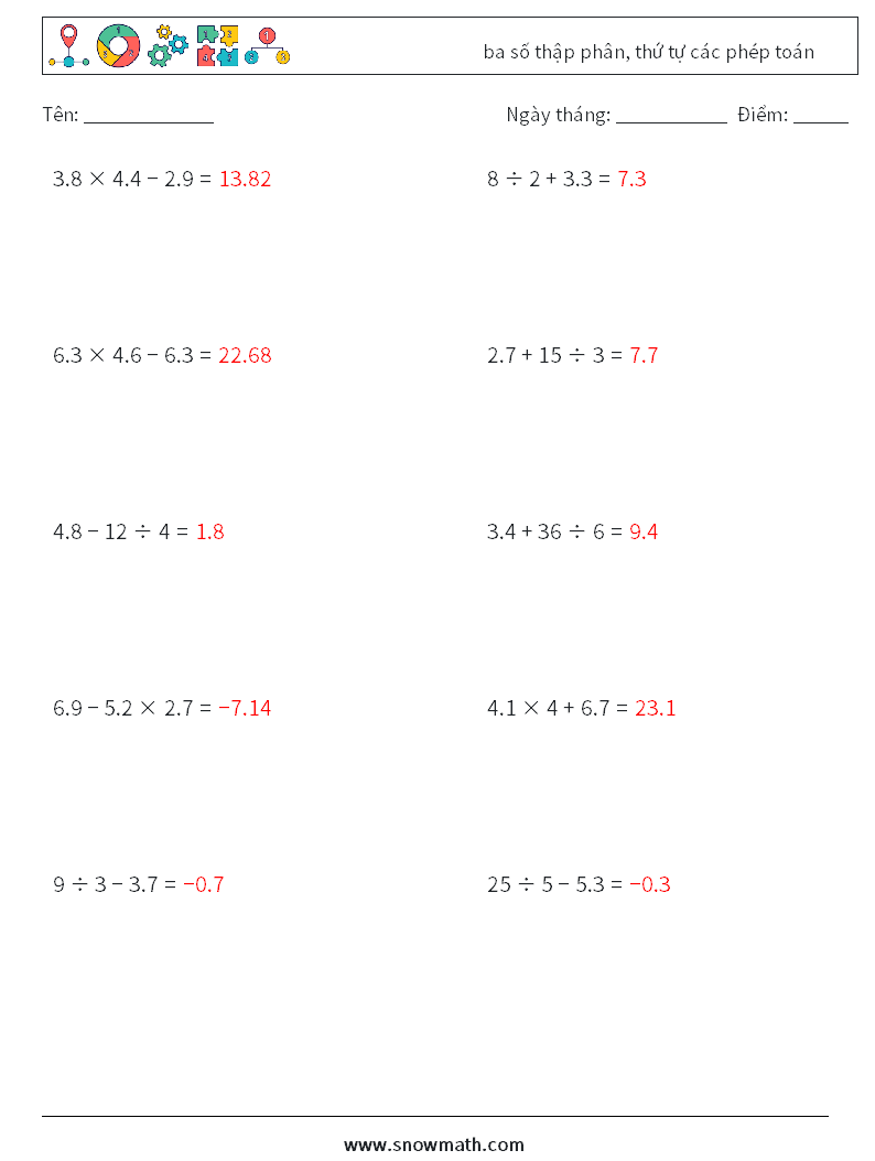 (10) ba số thập phân, thứ tự các phép toán Bảng tính toán học 10 Câu hỏi, câu trả lời