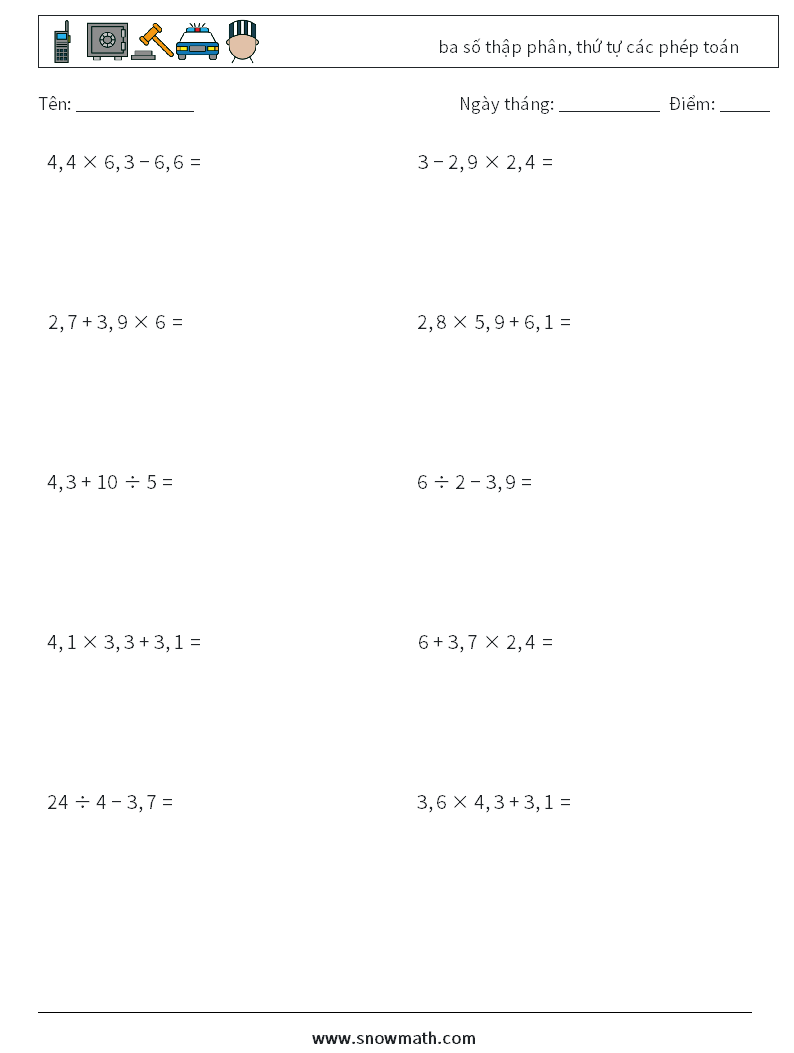 (10) ba số thập phân, thứ tự các phép toán Bảng tính toán học 13