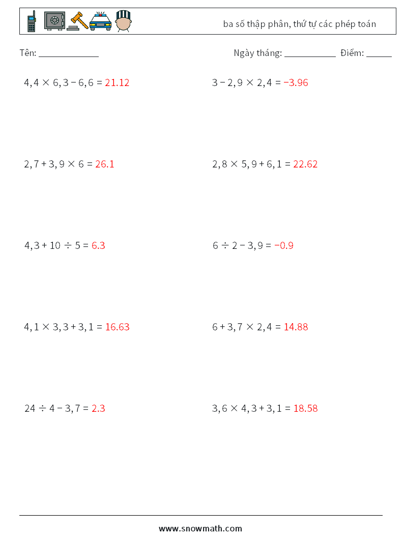 (10) ba số thập phân, thứ tự các phép toán Bảng tính toán học 13 Câu hỏi, câu trả lời