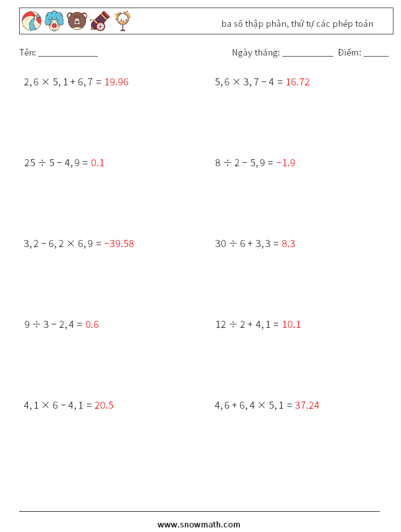 (10) ba số thập phân, thứ tự các phép toán Bảng tính toán học 14 Câu hỏi, câu trả lời