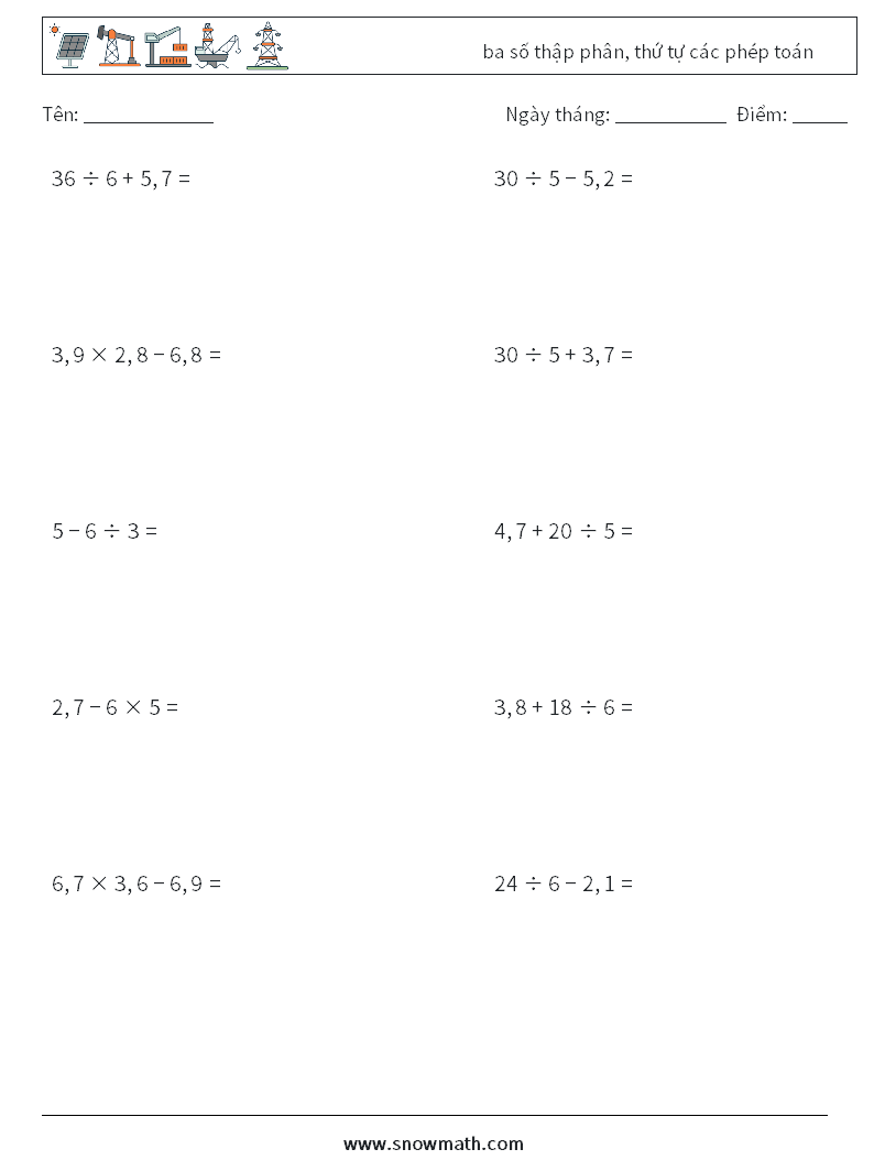 (10) ba số thập phân, thứ tự các phép toán Bảng tính toán học 15