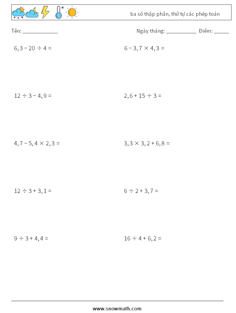 (10) ba số thập phân, thứ tự các phép toán Bảng tính toán học 3