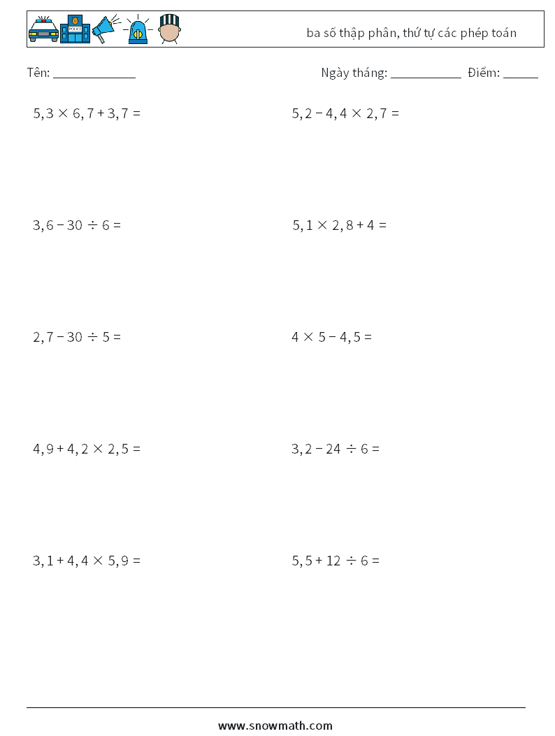 (10) ba số thập phân, thứ tự các phép toán Bảng tính toán học 4