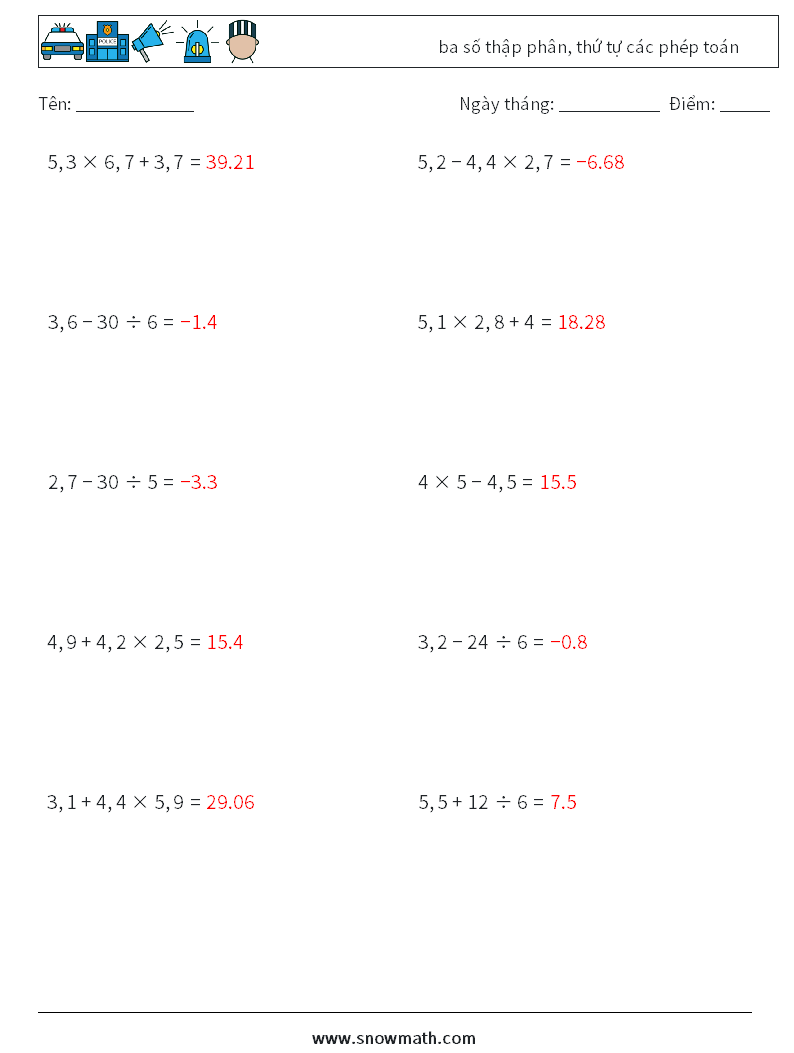 (10) ba số thập phân, thứ tự các phép toán Bảng tính toán học 4 Câu hỏi, câu trả lời