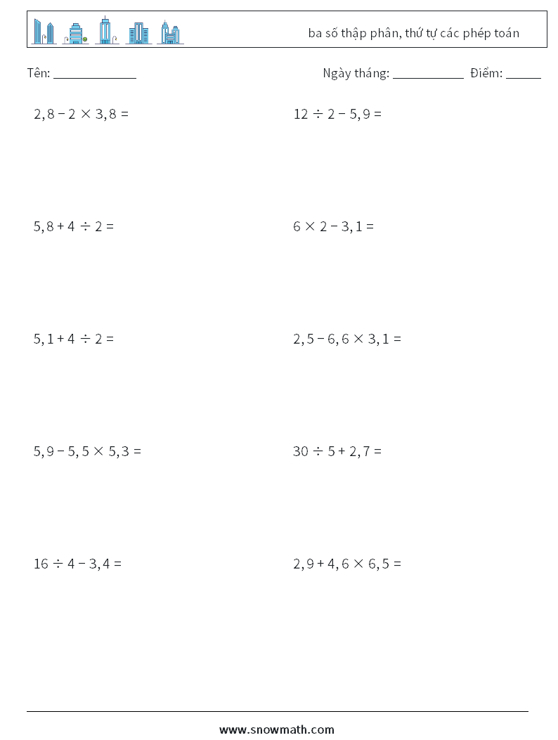 (10) ba số thập phân, thứ tự các phép toán Bảng tính toán học 6