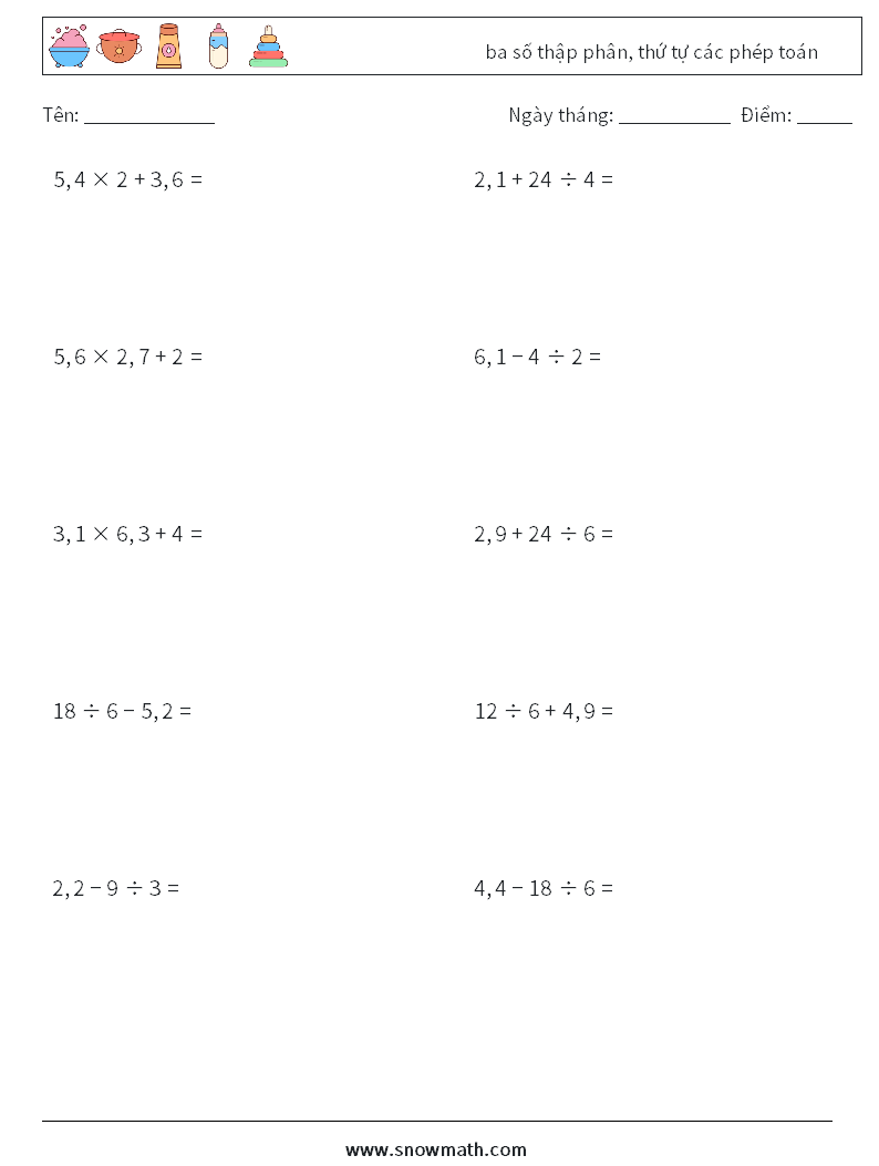 (10) ba số thập phân, thứ tự các phép toán Bảng tính toán học 9