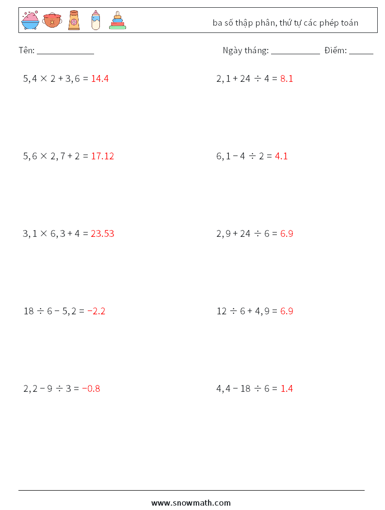 (10) ba số thập phân, thứ tự các phép toán Bảng tính toán học 9 Câu hỏi, câu trả lời