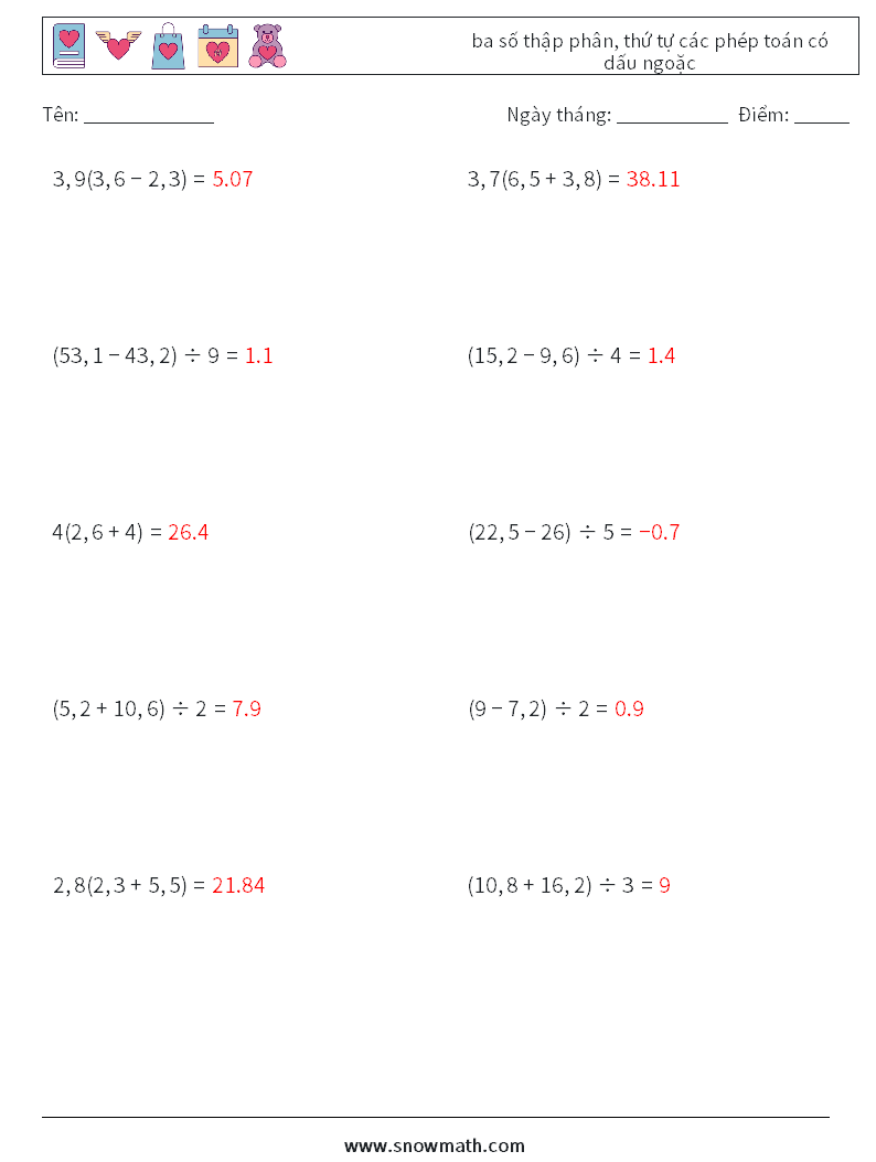 (10) ba số thập phân, thứ tự các phép toán có dấu ngoặc Bảng tính toán học 12 Câu hỏi, câu trả lời