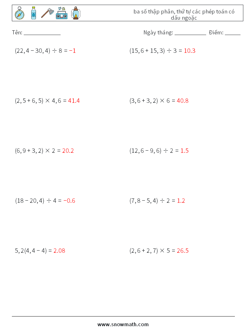(10) ba số thập phân, thứ tự các phép toán có dấu ngoặc Bảng tính toán học 15 Câu hỏi, câu trả lời