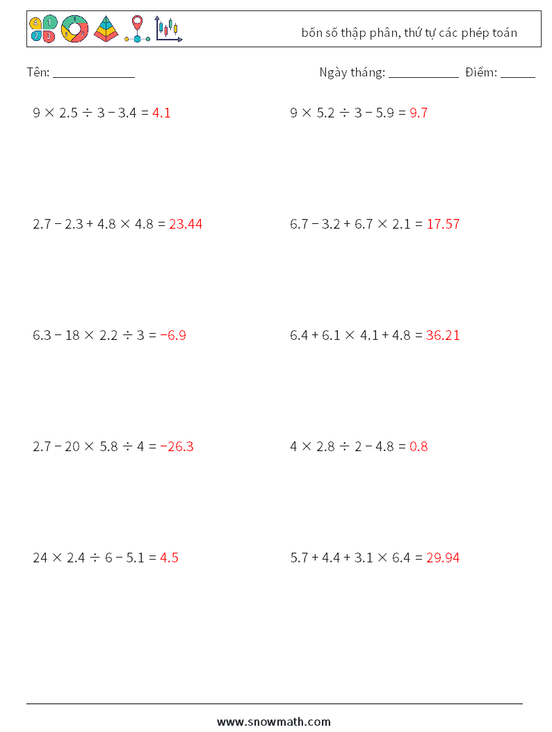 (10) bốn số thập phân, thứ tự các phép toán Bảng tính toán học 10 Câu hỏi, câu trả lời