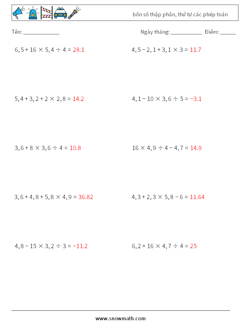 (10) bốn số thập phân, thứ tự các phép toán Bảng tính toán học 11 Câu hỏi, câu trả lời