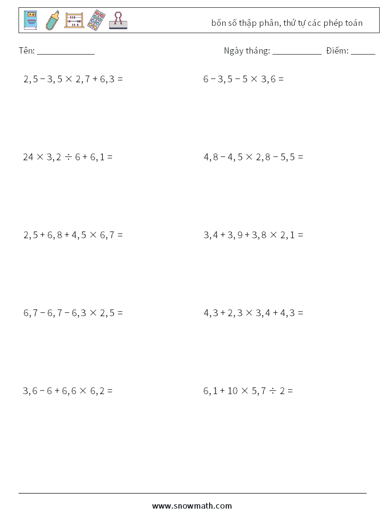 (10) bốn số thập phân, thứ tự các phép toán Bảng tính toán học 3