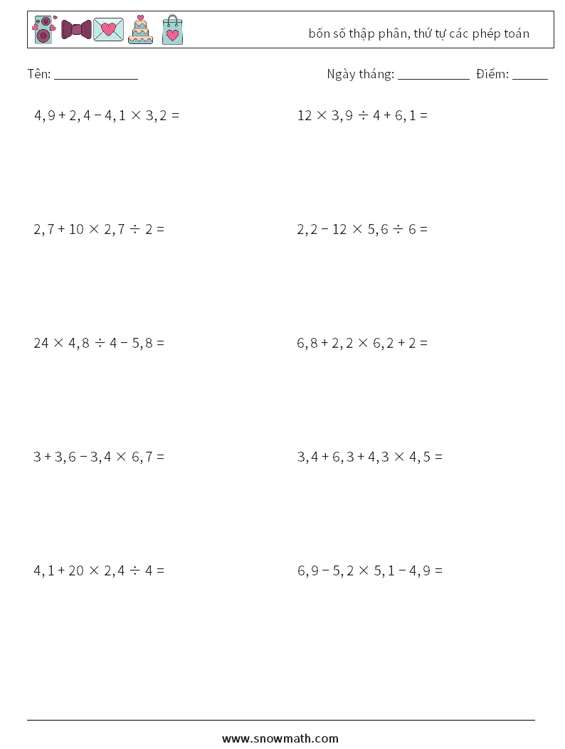 (10) bốn số thập phân, thứ tự các phép toán Bảng tính toán học 4