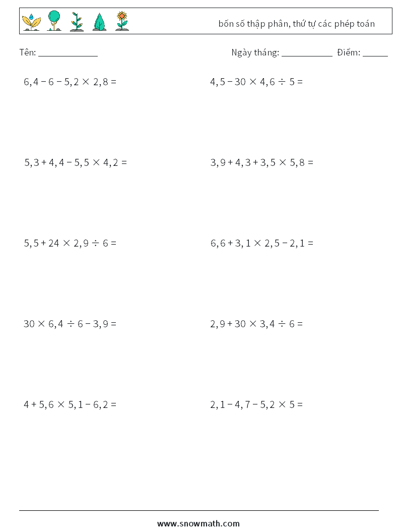 (10) bốn số thập phân, thứ tự các phép toán Bảng tính toán học 6