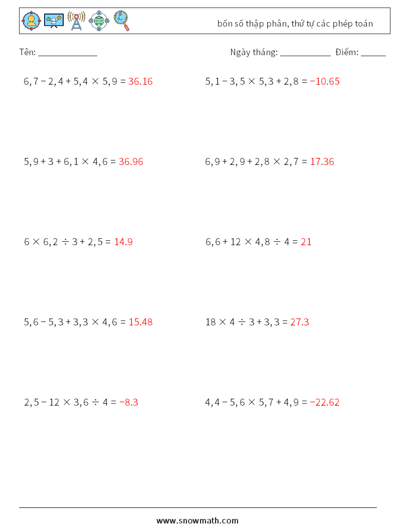 (10) bốn số thập phân, thứ tự các phép toán Bảng tính toán học 7 Câu hỏi, câu trả lời