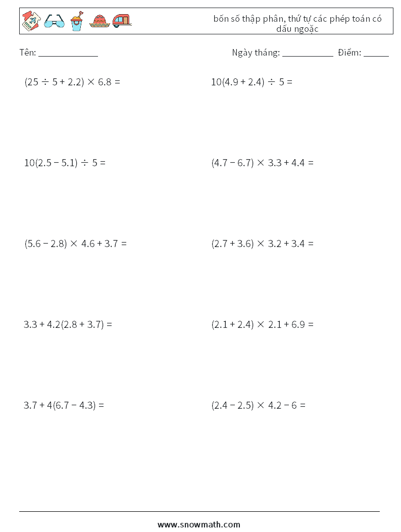 (10) bốn số thập phân, thứ tự các phép toán có dấu ngoặc Bảng tính toán học 10