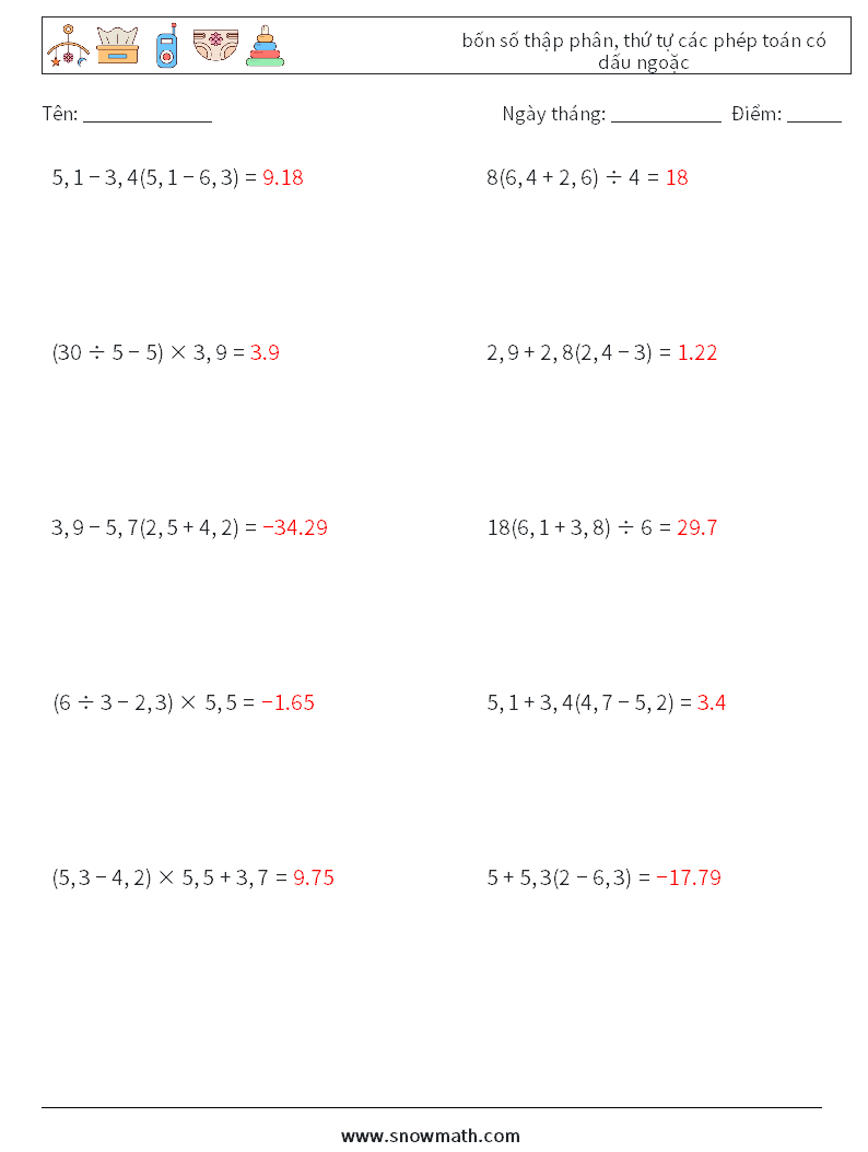(10) bốn số thập phân, thứ tự các phép toán có dấu ngoặc Bảng tính toán học 11 Câu hỏi, câu trả lời