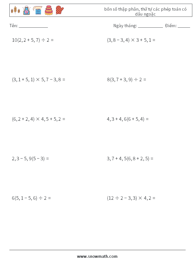 (10) bốn số thập phân, thứ tự các phép toán có dấu ngoặc Bảng tính toán học 12