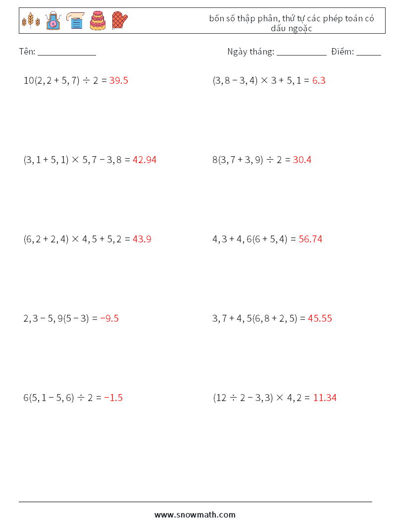 (10) bốn số thập phân, thứ tự các phép toán có dấu ngoặc Bảng tính toán học 12 Câu hỏi, câu trả lời