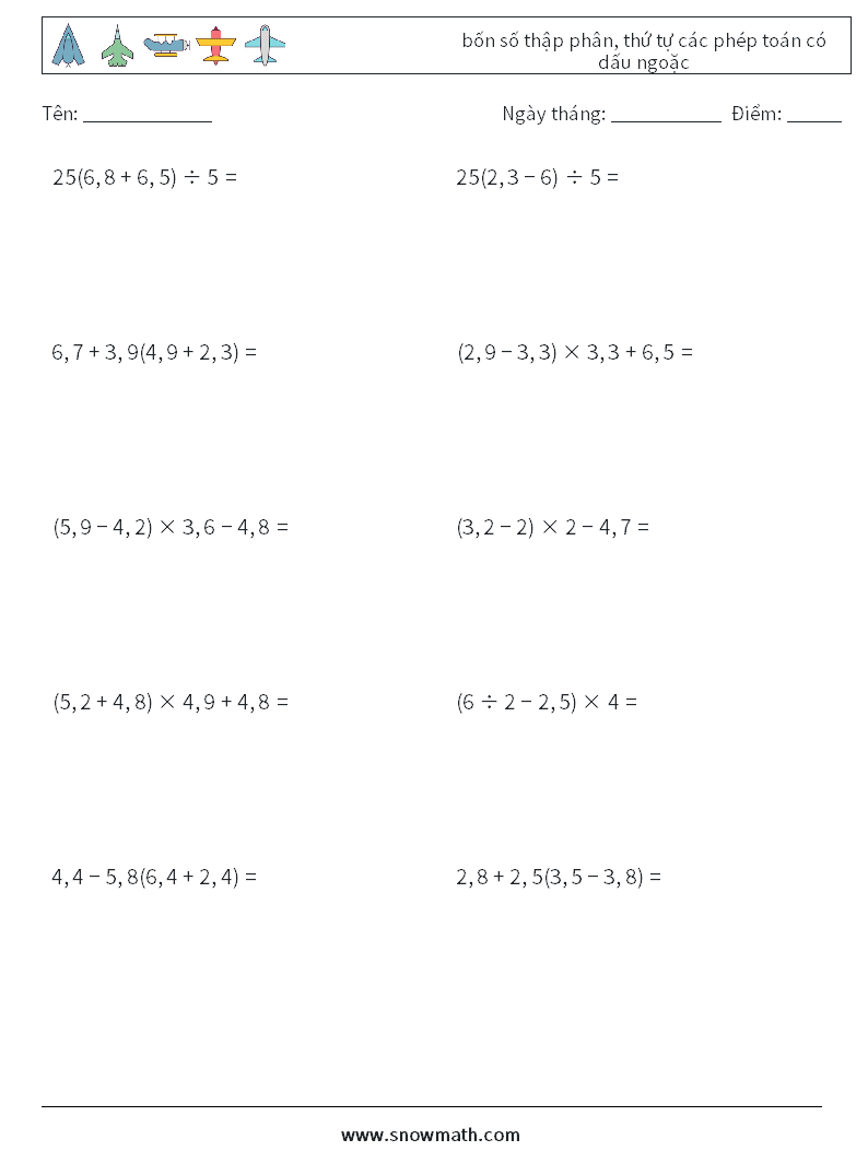 (10) bốn số thập phân, thứ tự các phép toán có dấu ngoặc Bảng tính toán học 13