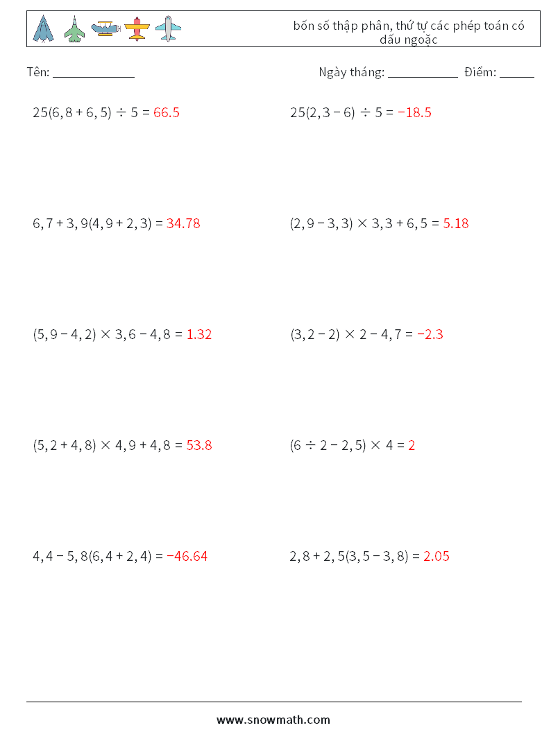 (10) bốn số thập phân, thứ tự các phép toán có dấu ngoặc Bảng tính toán học 13 Câu hỏi, câu trả lời
