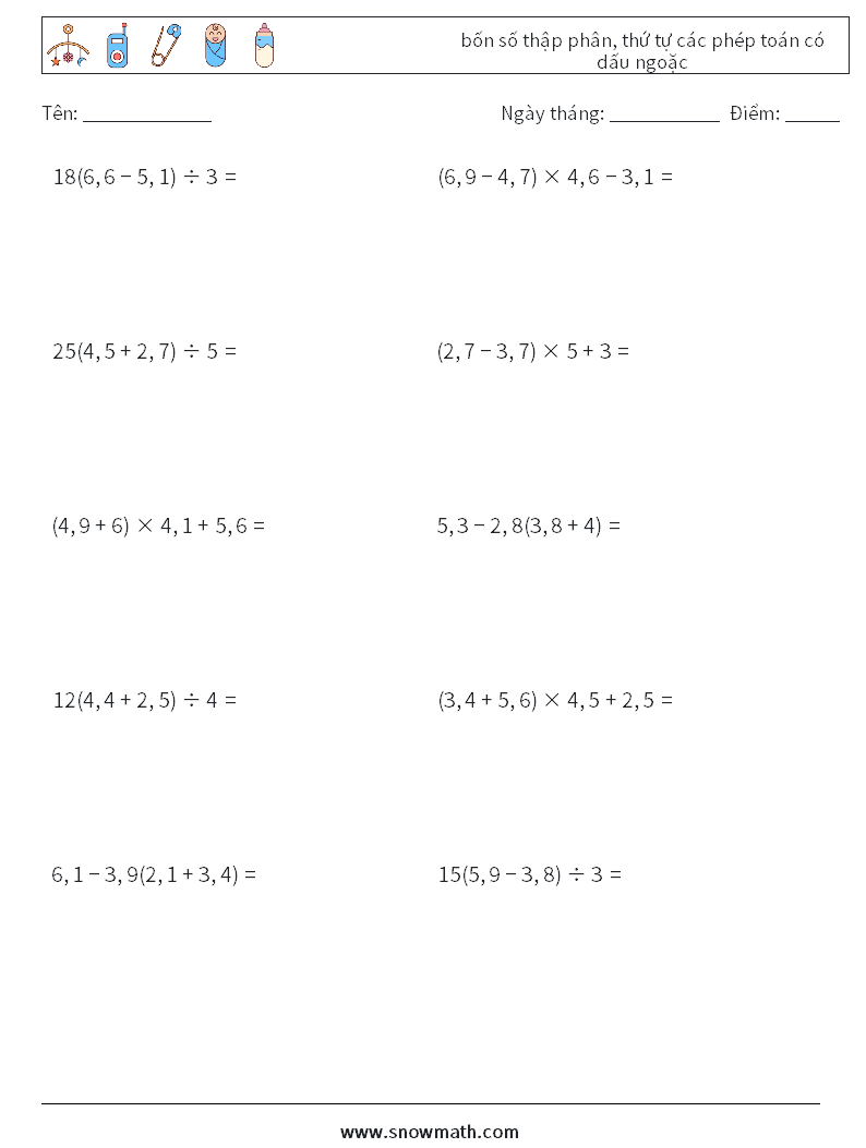 (10) bốn số thập phân, thứ tự các phép toán có dấu ngoặc Bảng tính toán học 14
