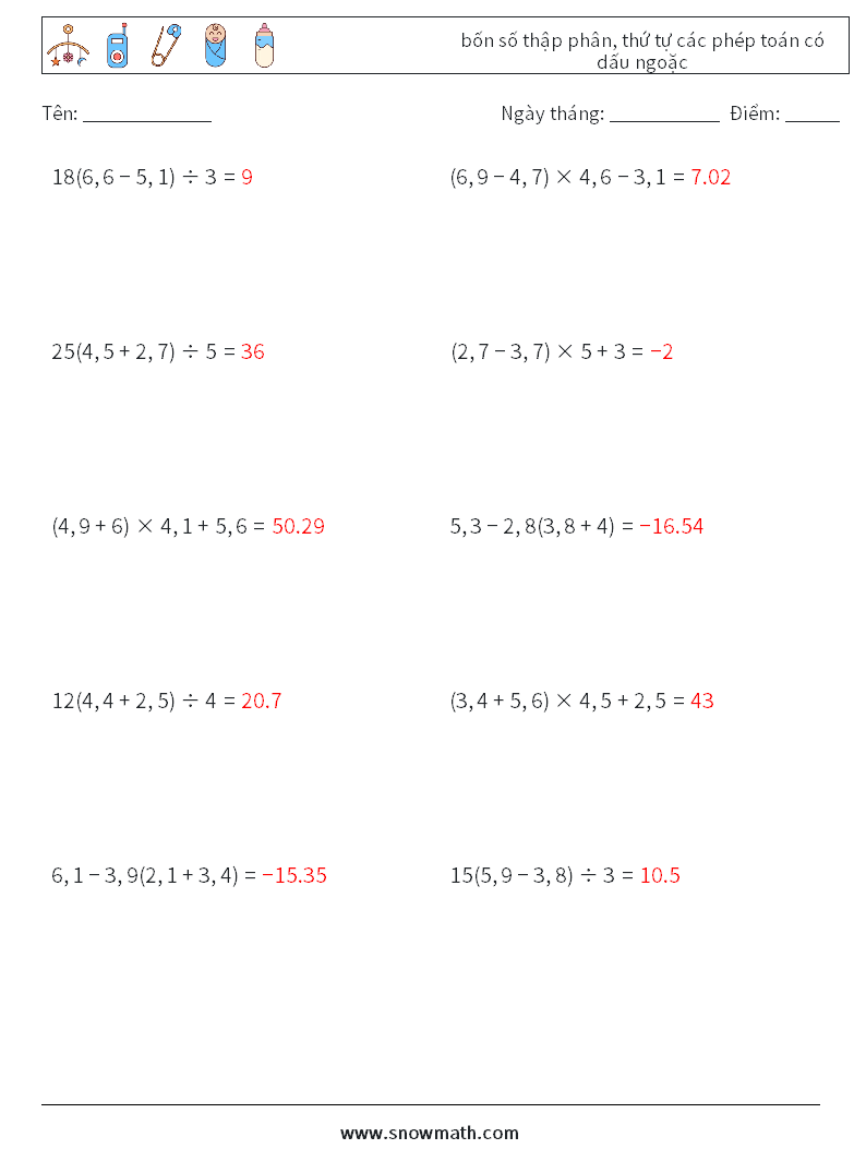 (10) bốn số thập phân, thứ tự các phép toán có dấu ngoặc Bảng tính toán học 14 Câu hỏi, câu trả lời